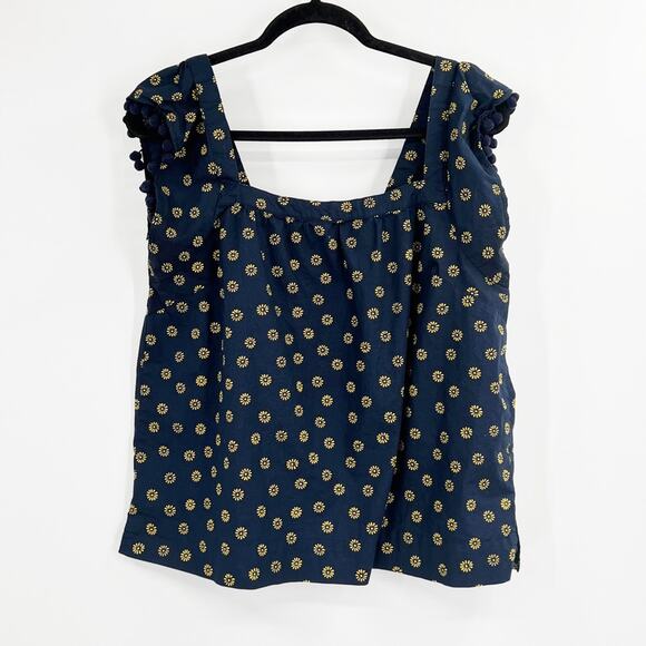 J. Crew Factory Printed Square Neck Top in Cotton Poplin with Pom-Poms - Picture 1 of 10